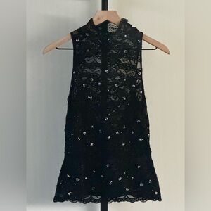 Vintage 90s Cache Mock Neck Lace Top Beaded Sequins